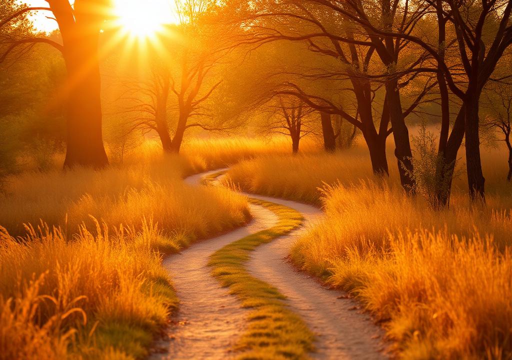 Chemin de campagne baigné de lumière dorée