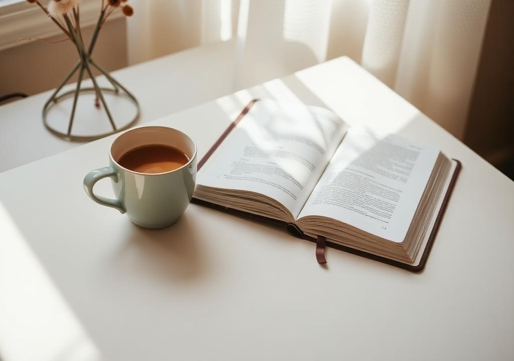 Tasse de café et carnet ouvert sur un bureau lumineux
