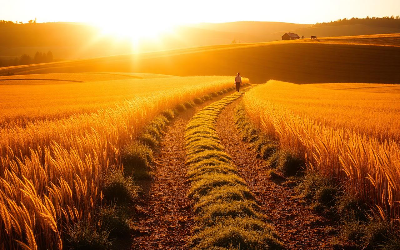 Chemin de campagne baigné de lumière dorée