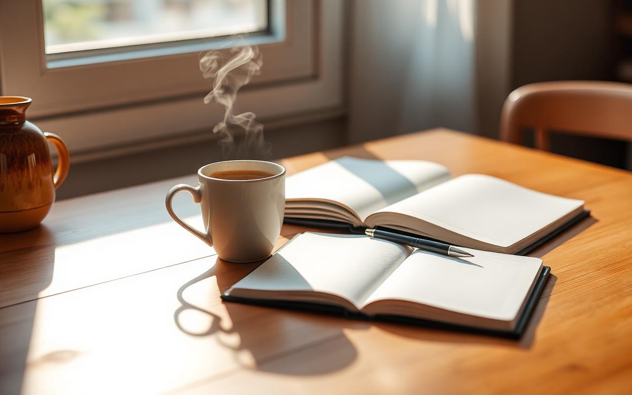 Tasse de café et carnet ouvert sur un bureau lumineux