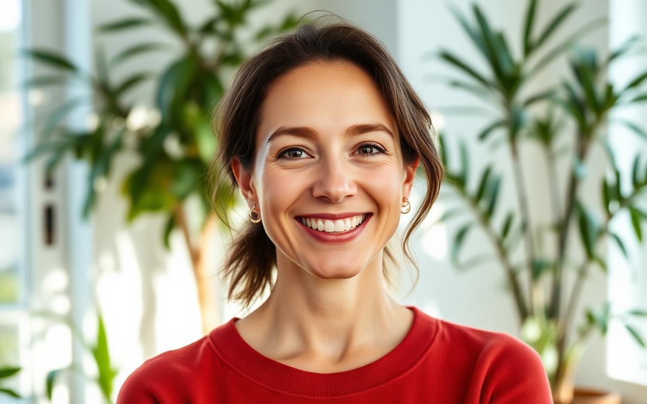 Femme souriante dans un espace lumineux et naturel