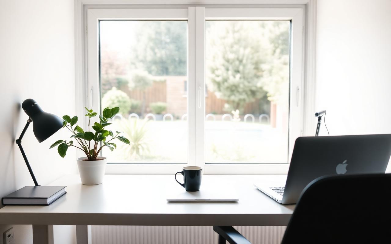 Bureau ordonné face à une fenêtre donnant sur un jardin