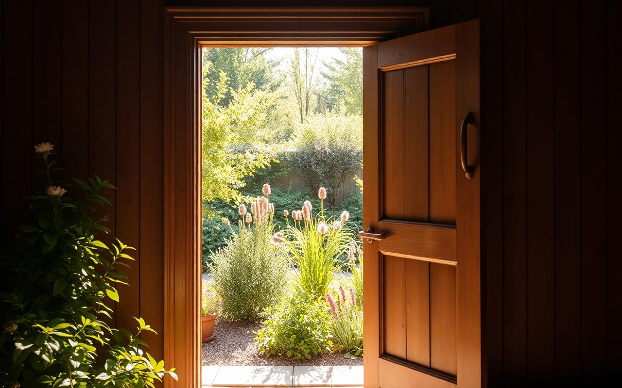 Porte entrouverte sur un jardin ensoleillé