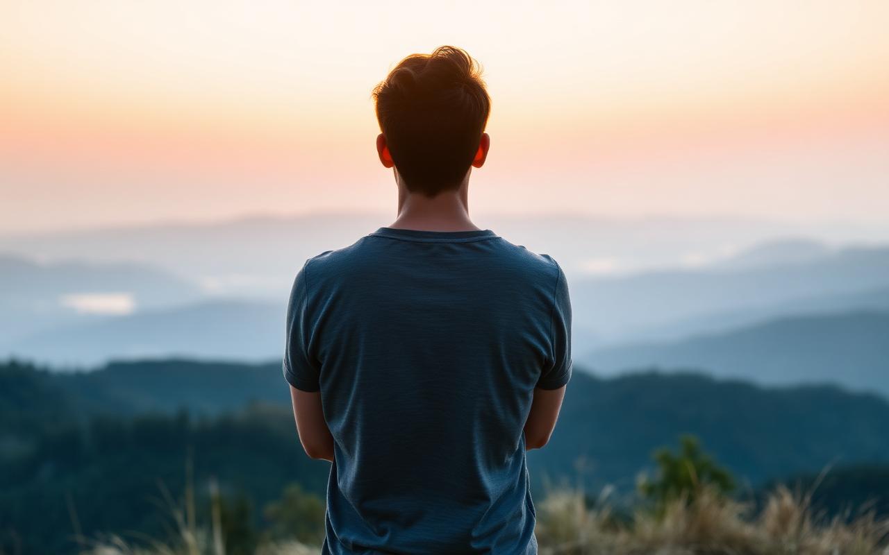 Personne qui respire profondément face à un panorama calme