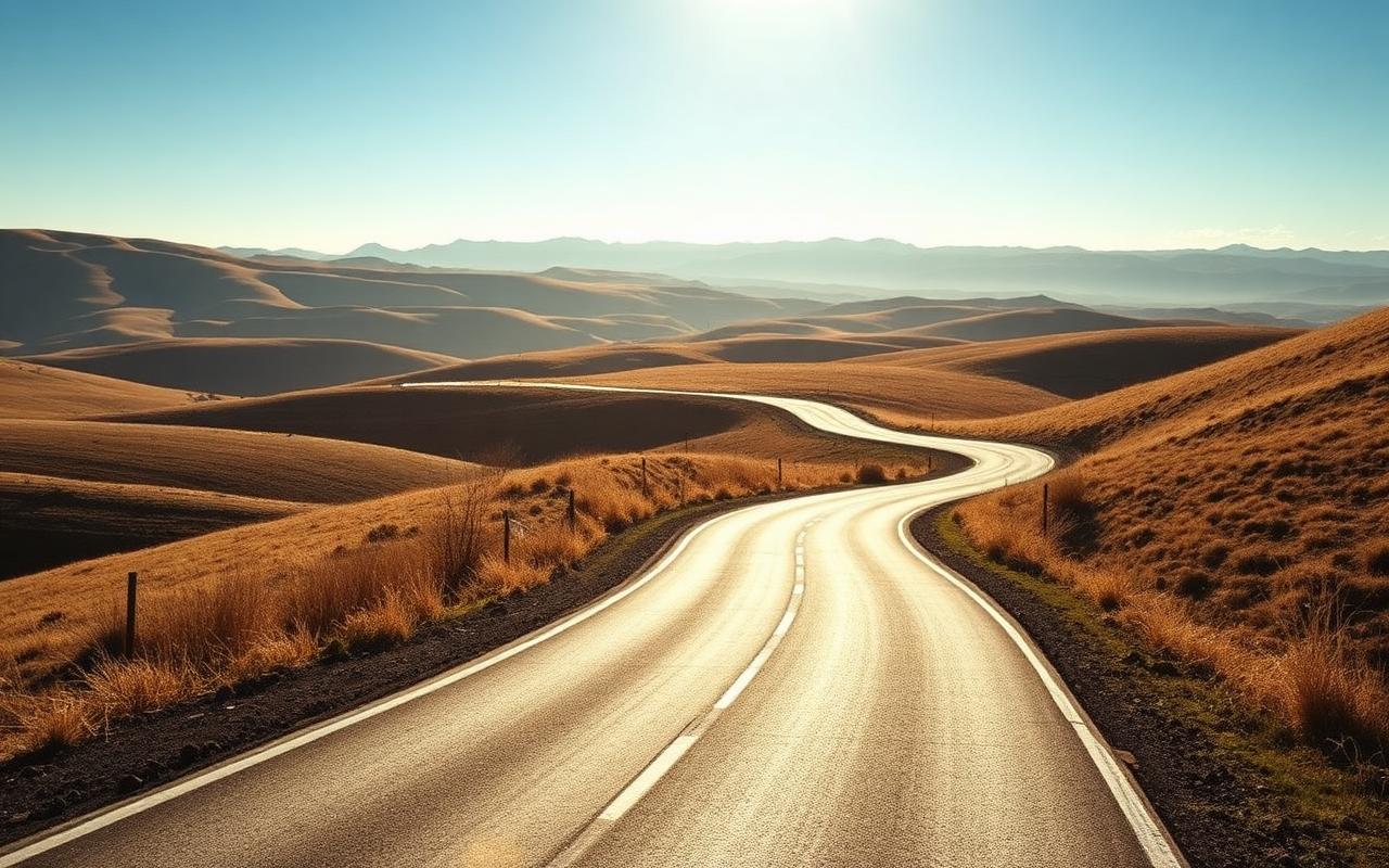 Route sinueuse qui s'ouvre dans un paysage lumineux